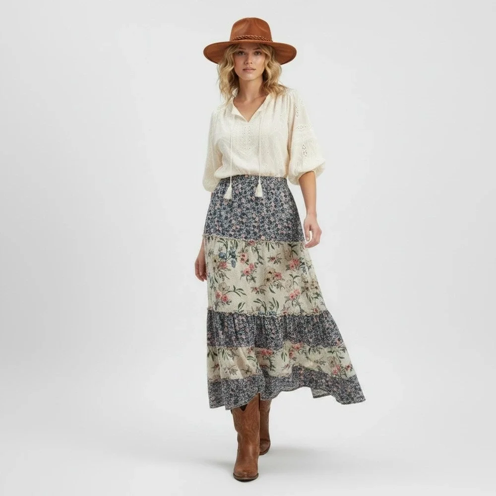 Boho Floral Mixed Print Tiered Maxi Skirt Cottagecore Ruffle Patchwork Long L
